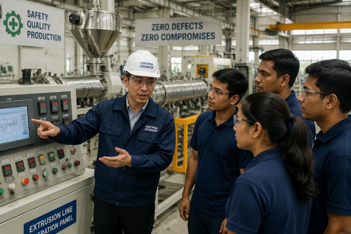 A certified engineer training local factory staff on extrusion line operation