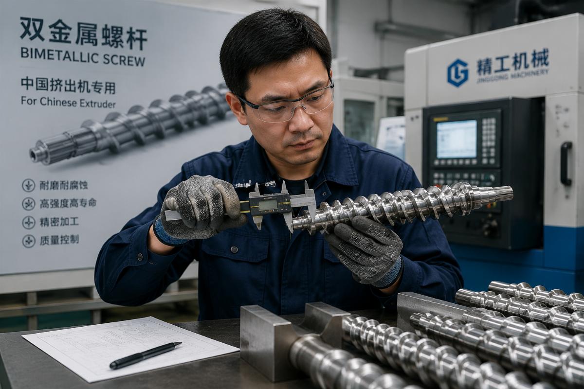 A factory technician inspecting a bimetallic screw component for a Chinese extruder