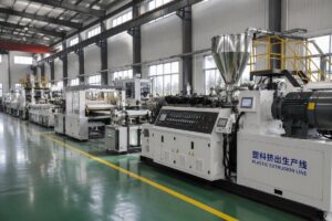 A full plastic extrusion production line running at a factory facility