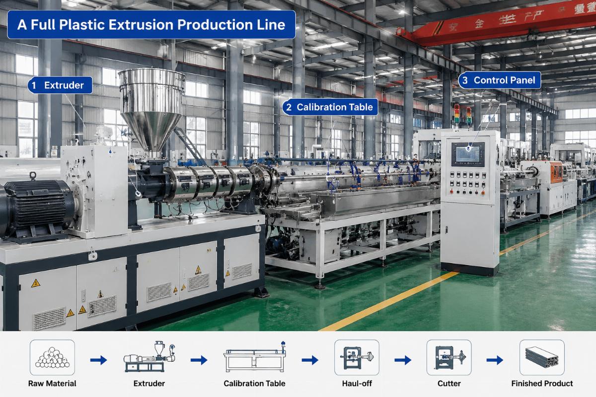 A full plastic extrusion production line running in a factory, with labeled core components including extruder, calibration table, and control panel