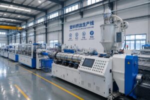 A full plastic extrusion production line running in a modern factory floor