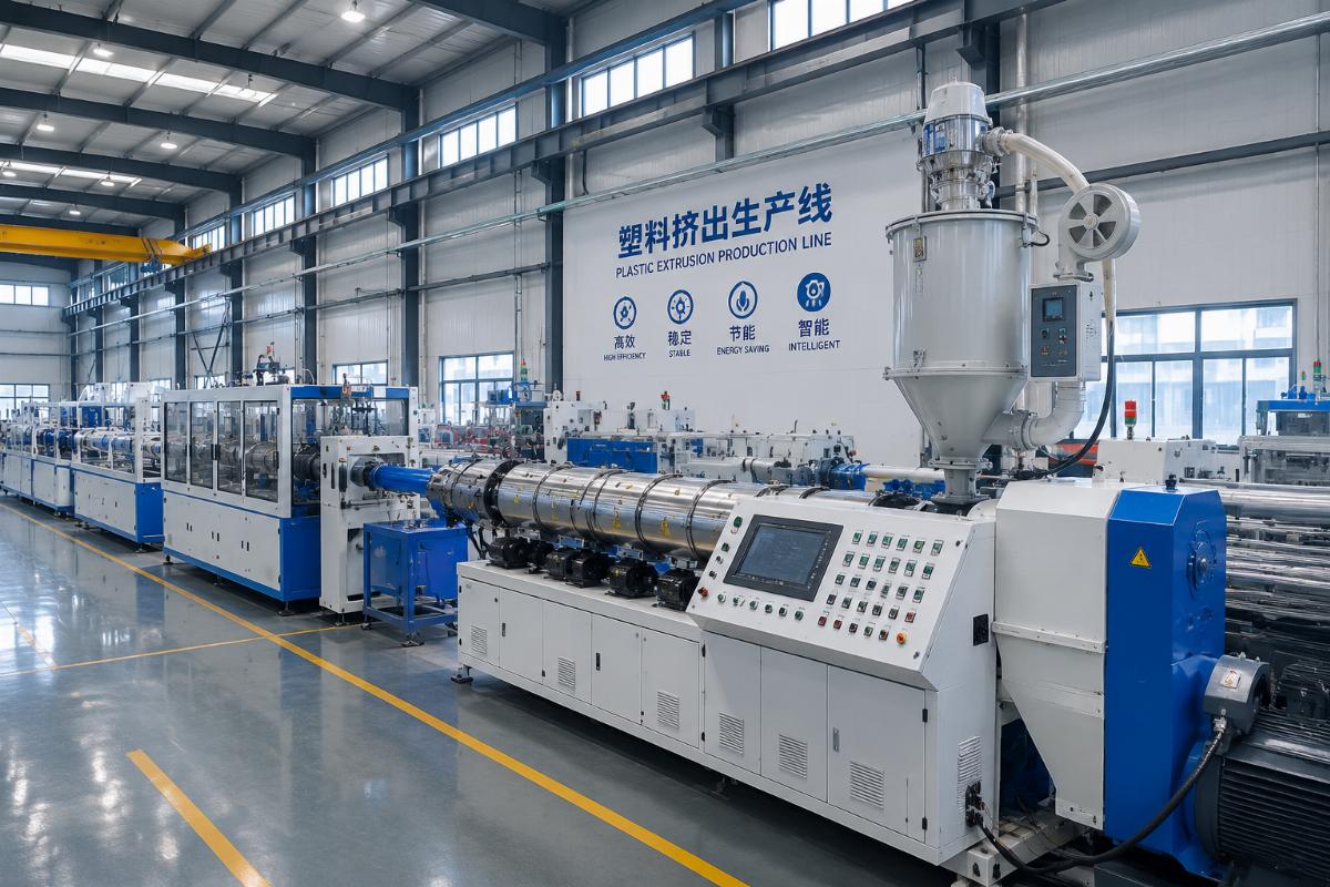 A full plastic extrusion production line running in a modern factory floor