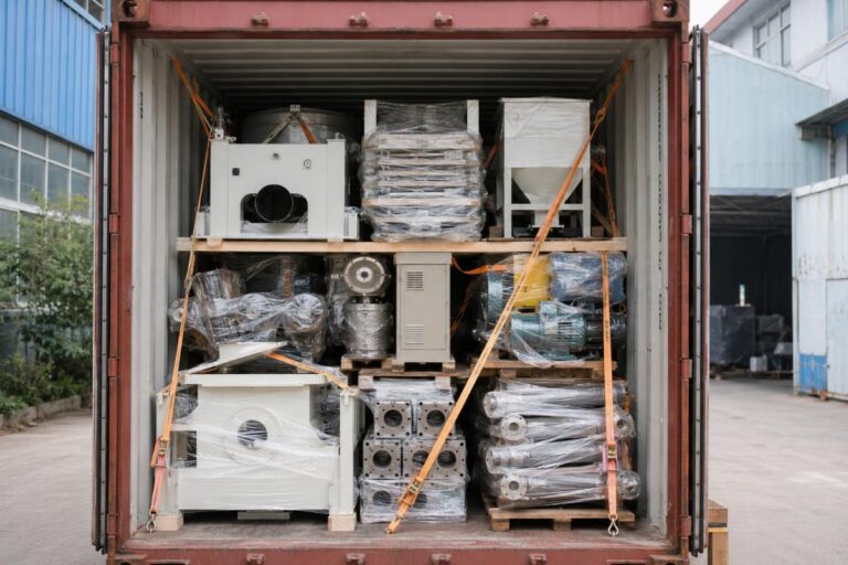 A fully loaded 40HQ container with neatly arranged plastic extrusion line components