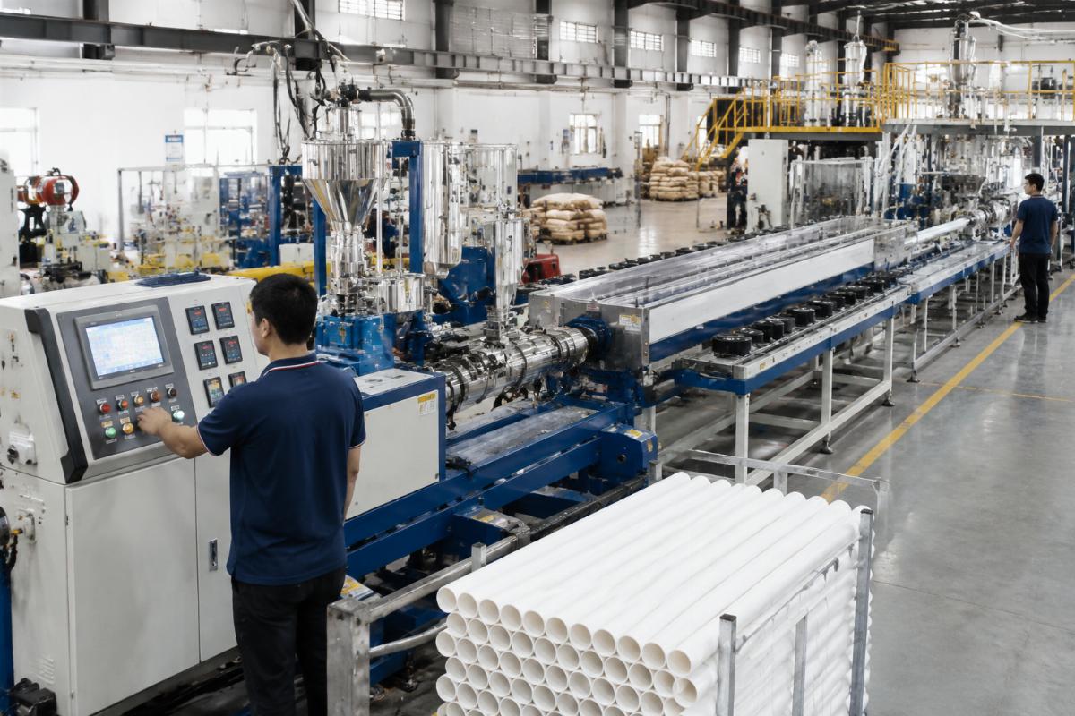A fully operational plastic extrusion production line running consistent output with trained on-site staff