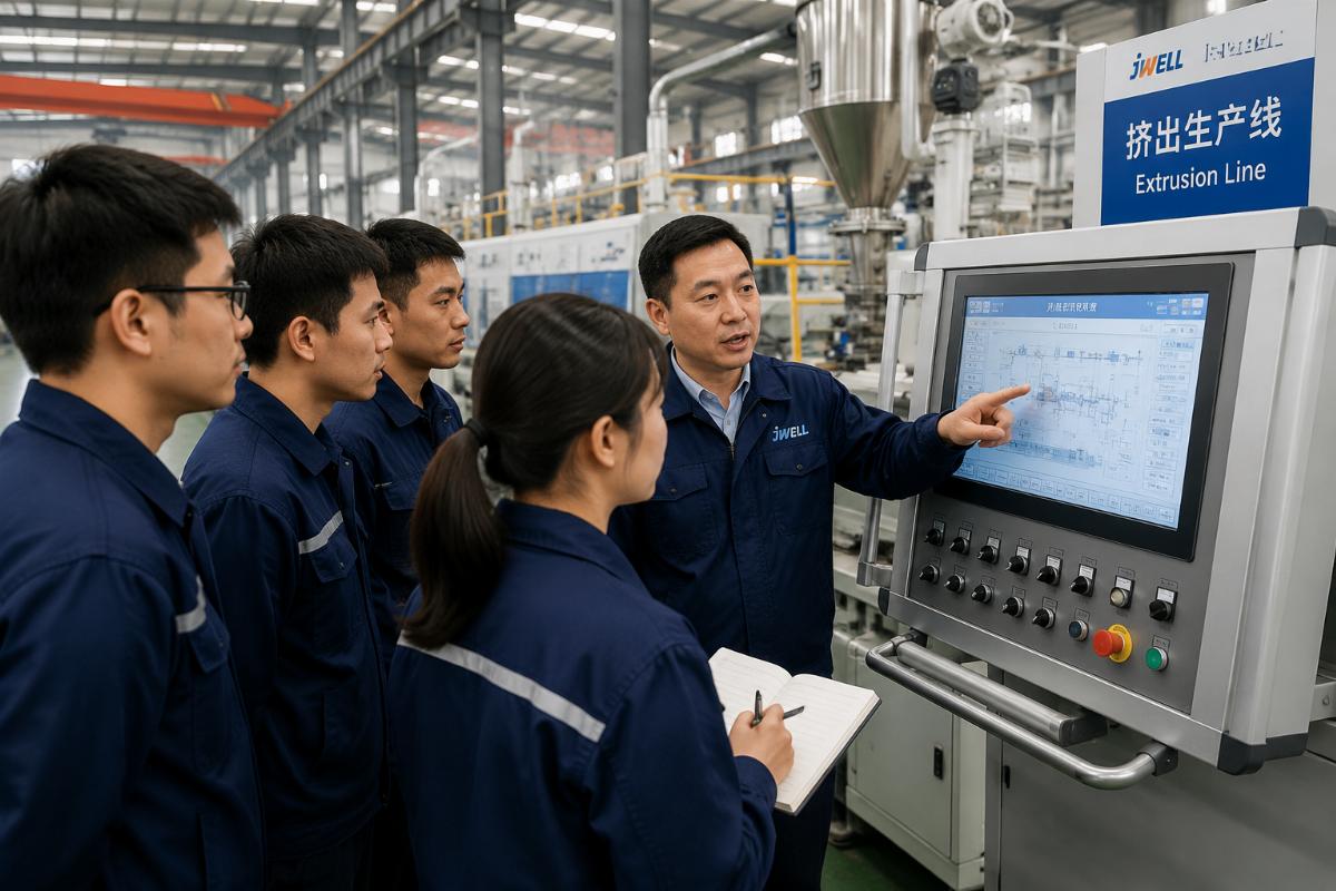 A group of factory operators receiving hands-on training for an extrusion line control panel