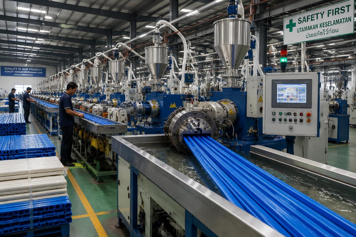 A plastic extrusion production line running at full capacity in a Southeast Asian manufacturing facility