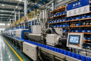 A plastic processing facility production line running uninterrupted with organized spare parts storage in the background