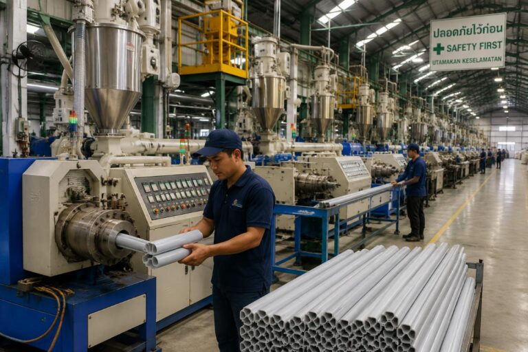 A production line of plastic extruders running in a factory in Southeast Asia, with workers checking output quality