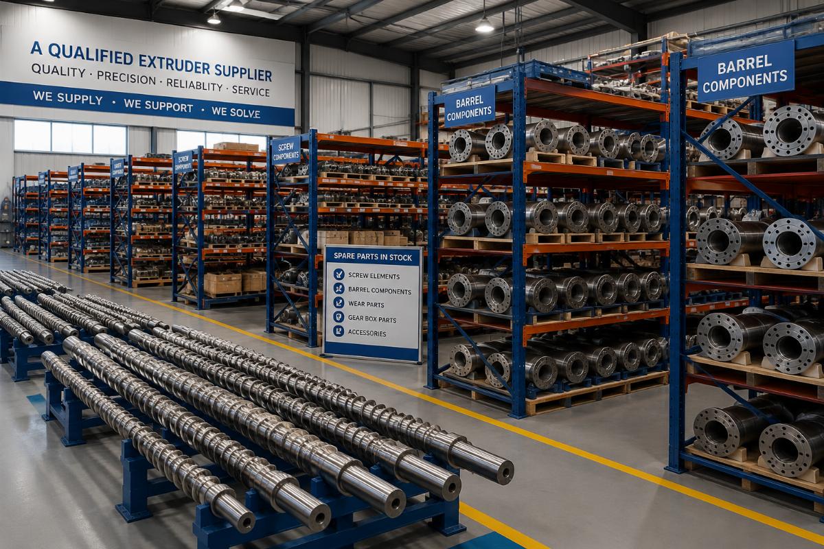 A qualified extruder supplier warehouse holding organized stock of spare screw and barrel components