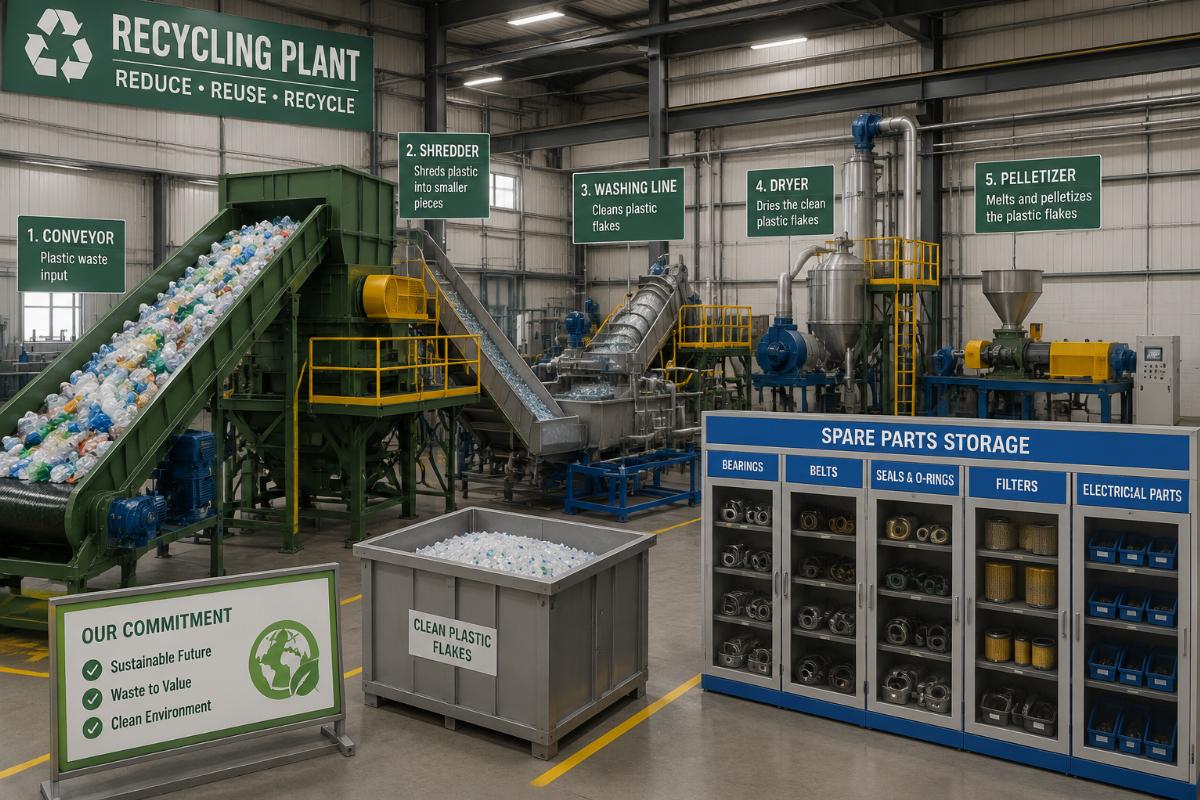 A recycling plant production line processing plastic waste with clearly labeled spare parts storage cabinets