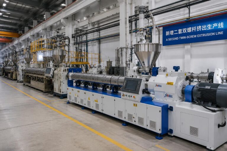 A second twin-screw extrusion line running alongside existing equipment in a plastic production facility