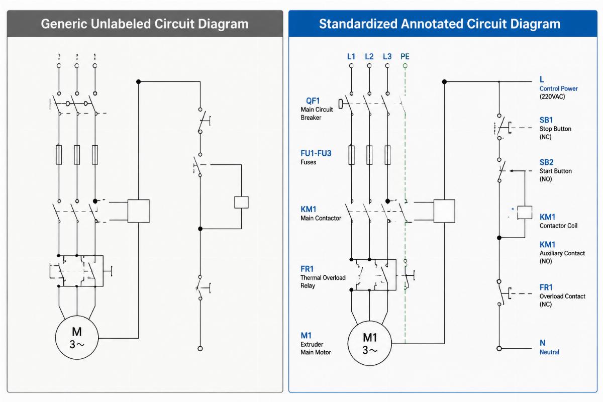 A side-by-side comparison of a generic unlabeled circuit diagram and a standardized annotated circuit diagram for extrusion lines