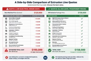 A side-by-side comparison of extrusion line quotes showing hidden cost line items and all-inclusive pricing
