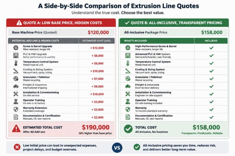 A side-by-side comparison of extrusion line quotes showing hidden cost line items and all-inclusive pricing
