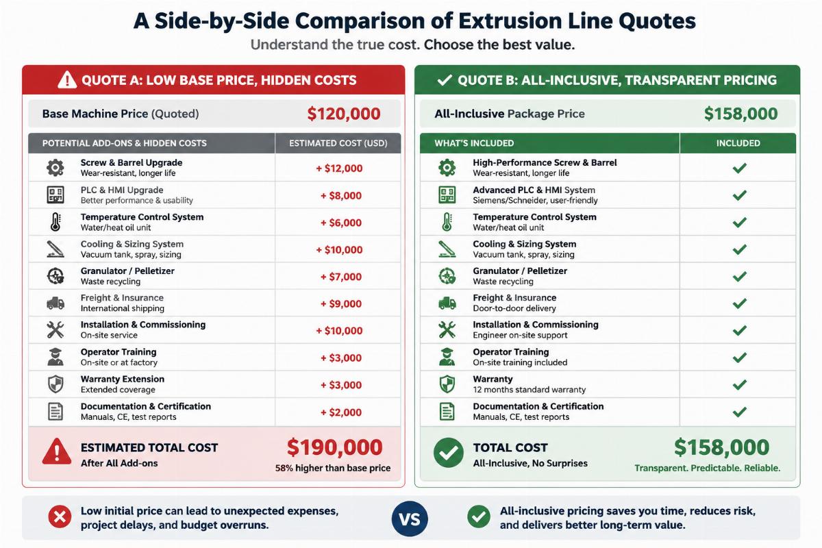 A side-by-side comparison of extrusion line quotes showing hidden cost line items and all-inclusive pricing