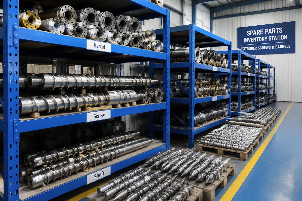 A spare parts inventory station for extruder screws and barrels at a supplier facility