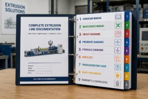 A structured complete extrusion line documentation binder with labeled sections for operation manual and circuit diagrams