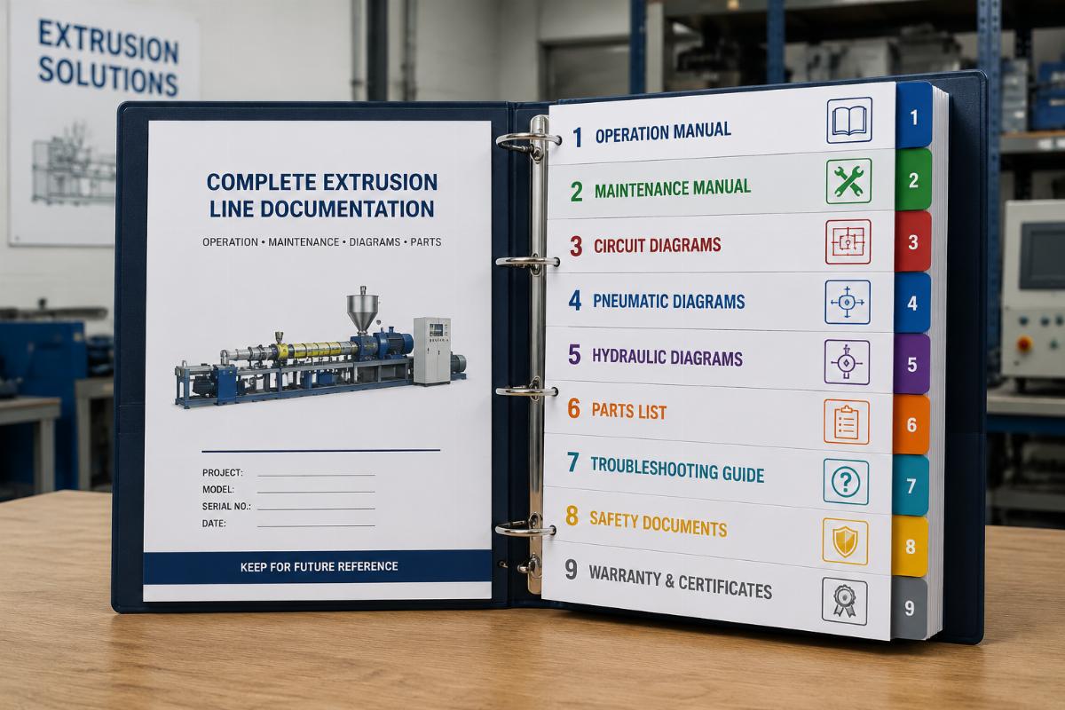 A structured complete extrusion line documentation binder with labeled sections for operation manual and circuit diagrams