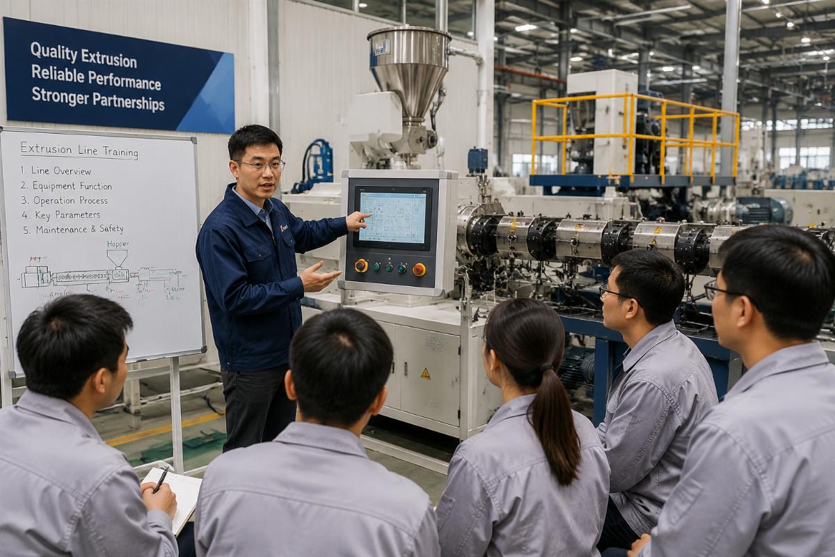A supplier engineer training a factory operations team on an installed extrusion line