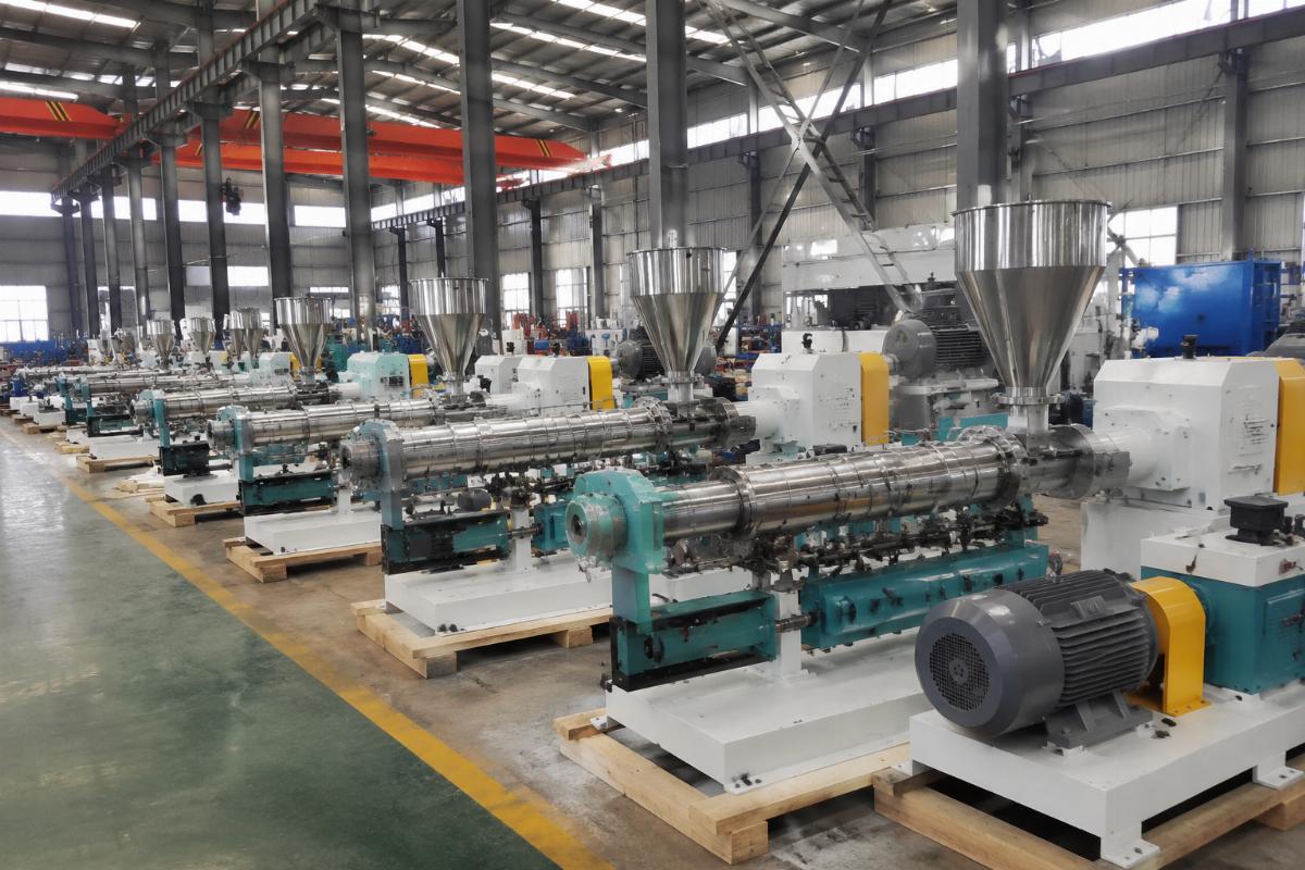 A supplier production facility showing assembled twin-screw extruder lines ready for shipping