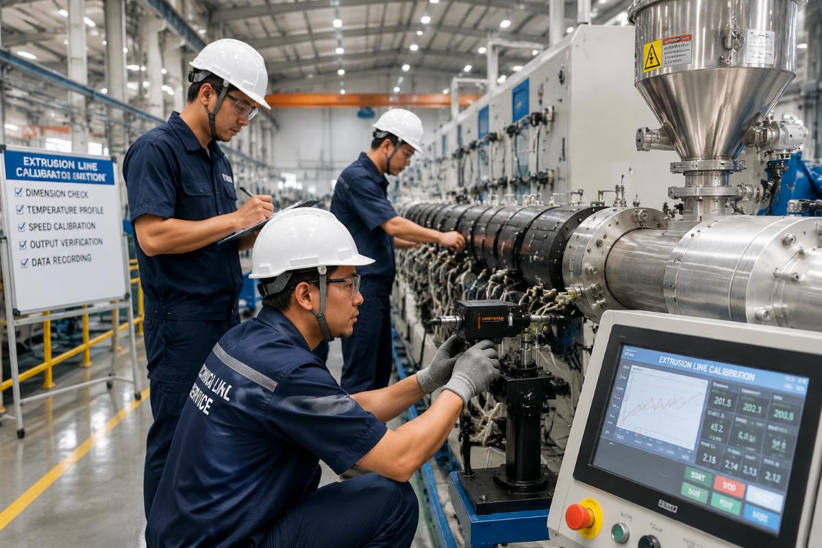A team of technicians performing on-site extrusion line calibration at a production facility