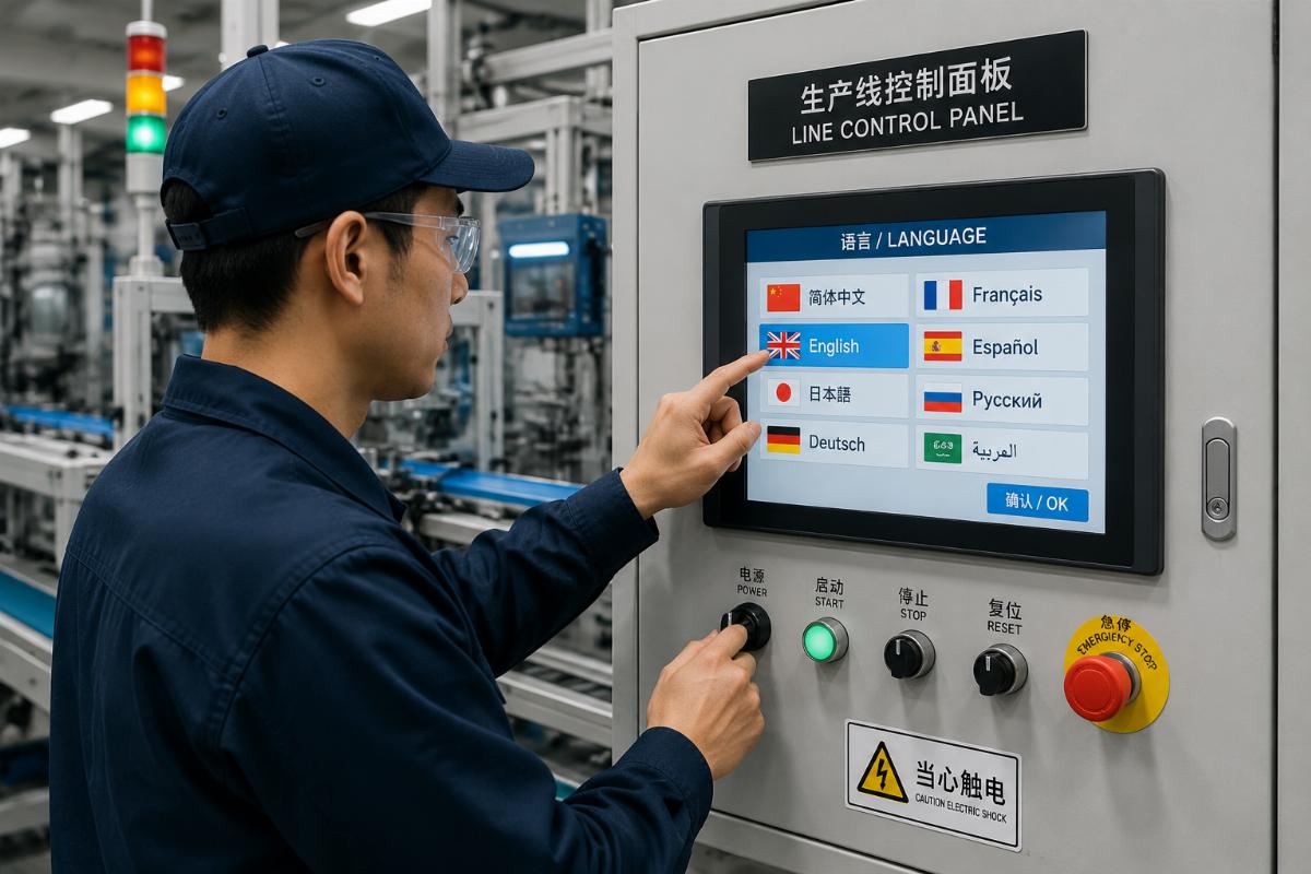 A technician adjusting a line control panel with multilingual interface options visible