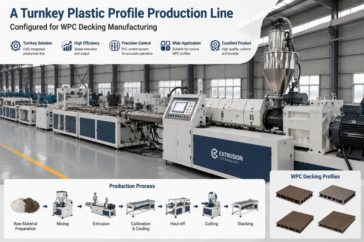 A turnkey plastic profile production line configured for WPC decking manufacturing