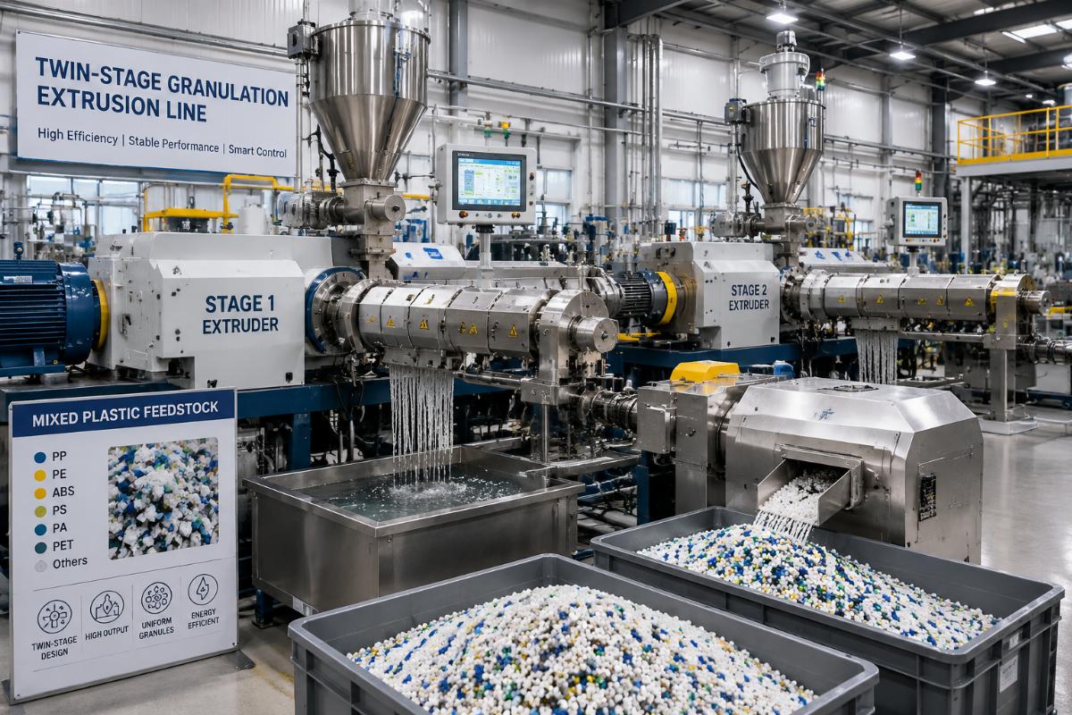 A twin-stage granulation extrusion line running with mixed plastic feedstock