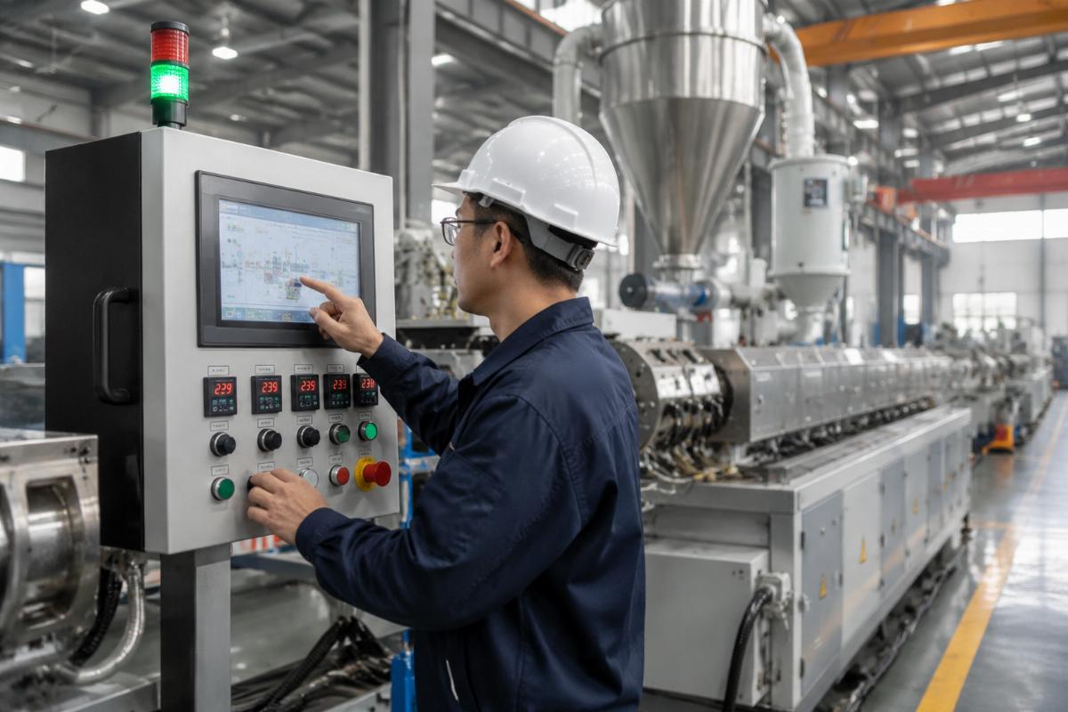 An engineer calibrating an extrusion line control panel on a factory floor