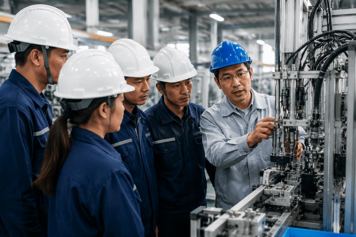 An engineer conducting on-site installation and training for a production line team