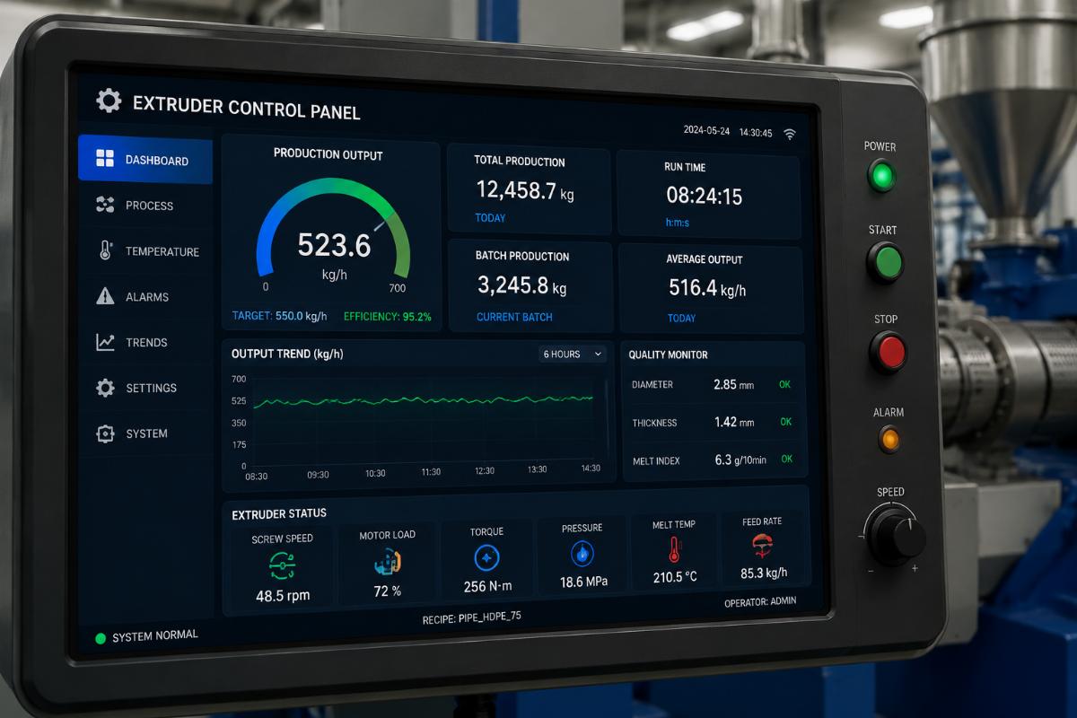 An extruder control panel showing production output metrics in real time