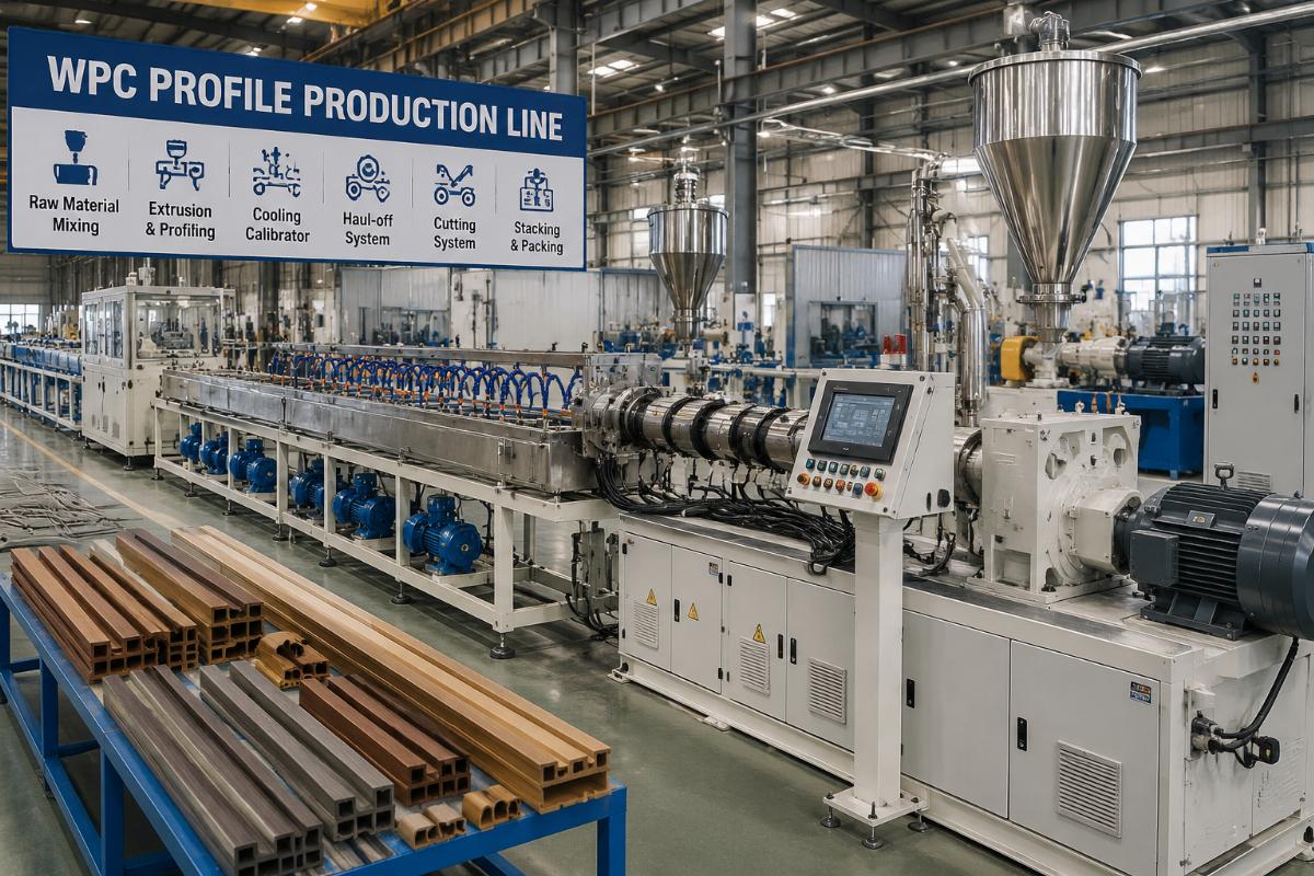 An extrusion line configured for WPC profile production running in a factory