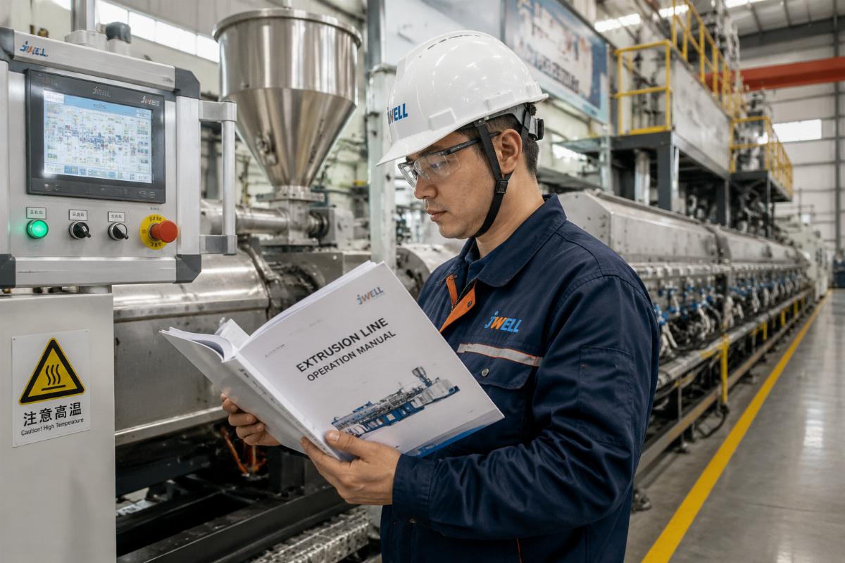 An extrusion line operator referencing a physical operation manual during on-site commissioning