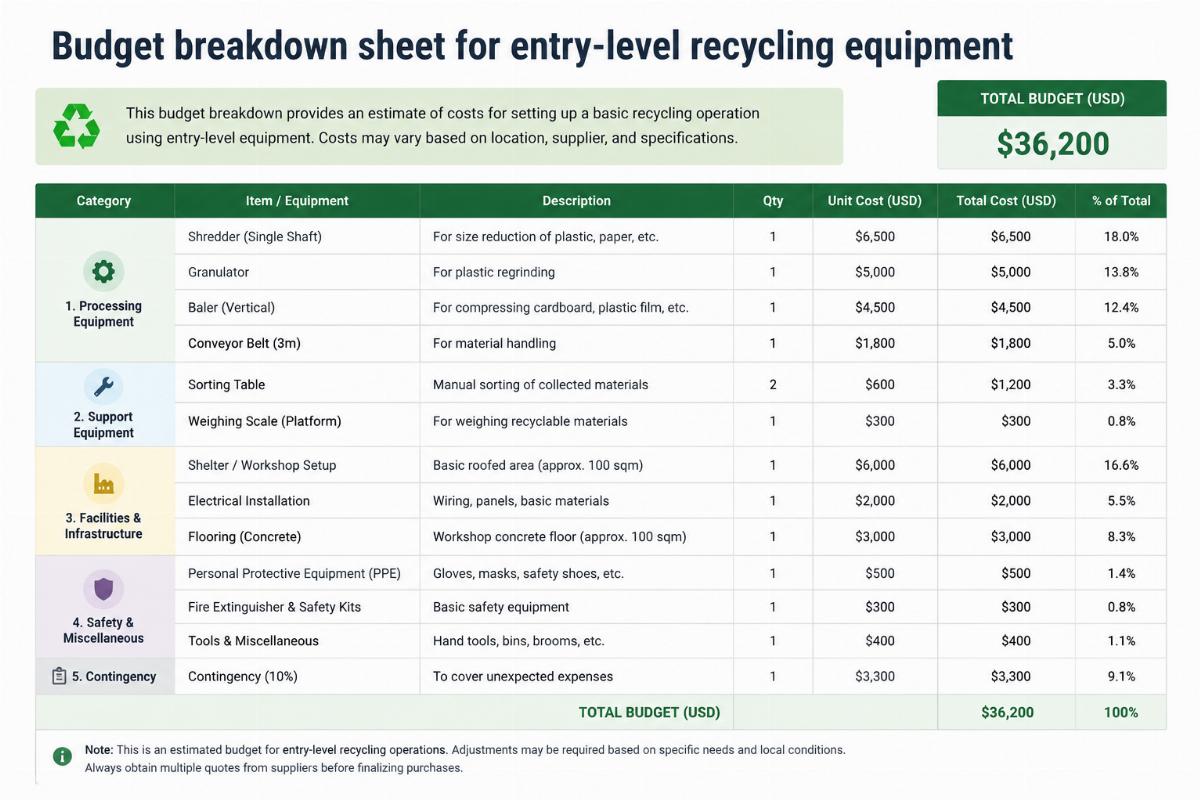 Budget breakdown sheet for entry-level recycling equipment