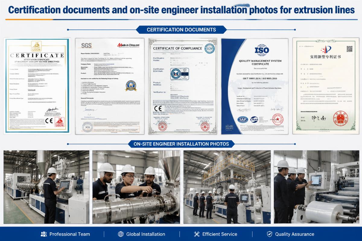 Certification documents and on-site engineer installation photos for extrusion lines