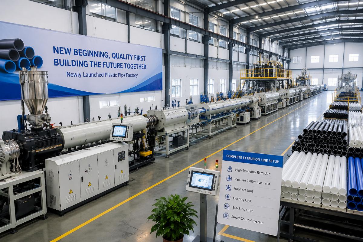 Complete extrusion line setup in a newly launched plastic pipe factory