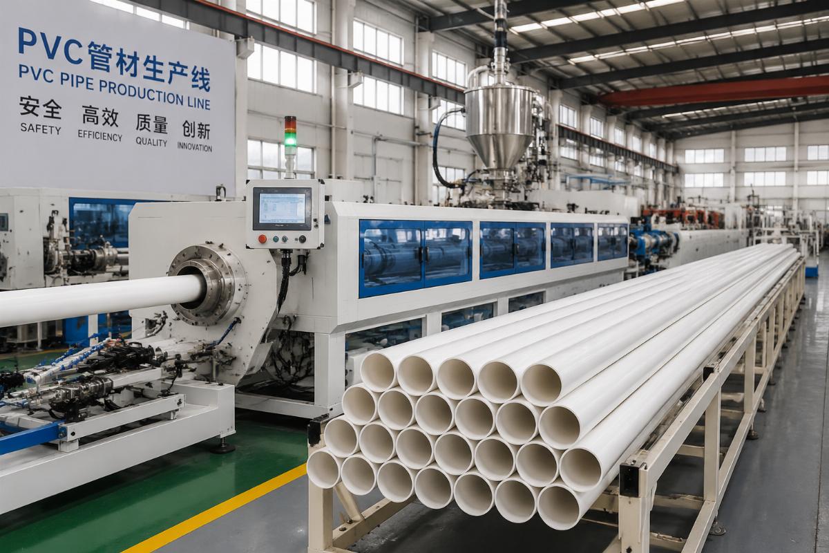 Completed plastic pipe production line running finished PVC pipe output