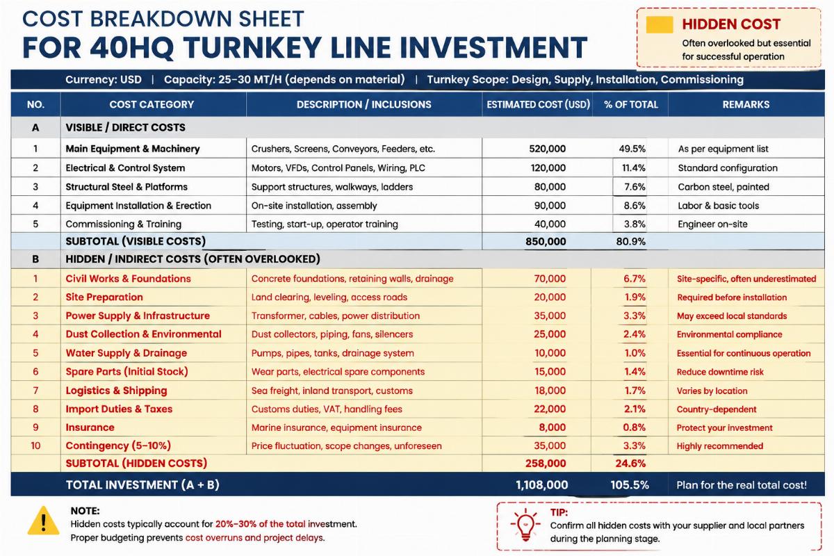 Cost breakdown sheet for 40HQ turnkey line investment with hidden cost line items highlighted