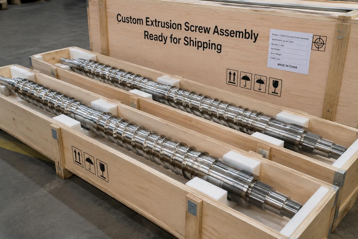 Custom extrusion screw assembly ready for shipping