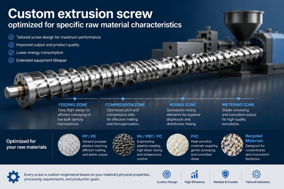 Custom extrusion screw optimized for specific raw material characteristics