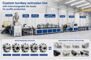 Custom turnkey extrusion line with interchangeable die heads for profile production
