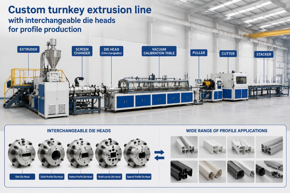 Custom turnkey extrusion line with interchangeable die heads for profile production