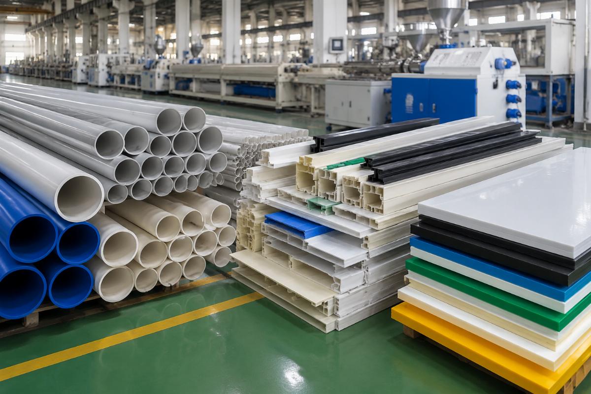 Different types of finished extruded products on a production floor: pipes, profiles, and sheets