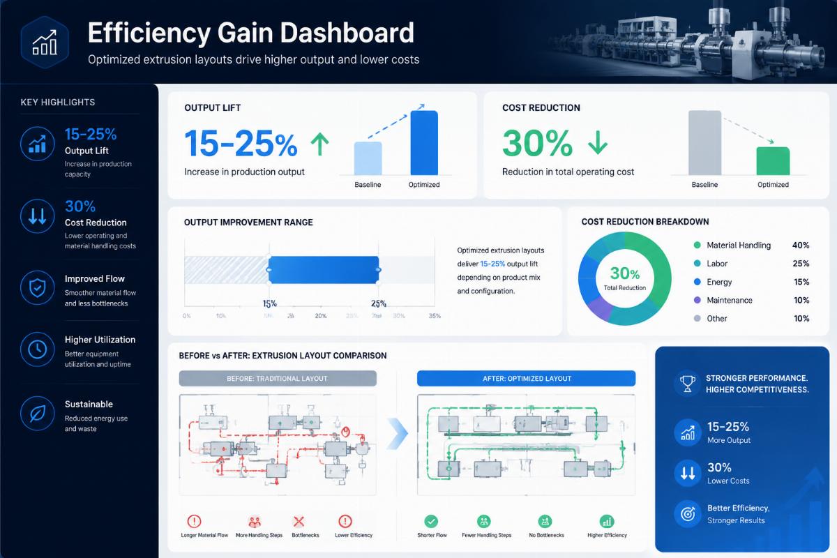 Efficiency gain dashboard showing 15-25% output lift and 30% cost reduction from optimized extrusion layouts