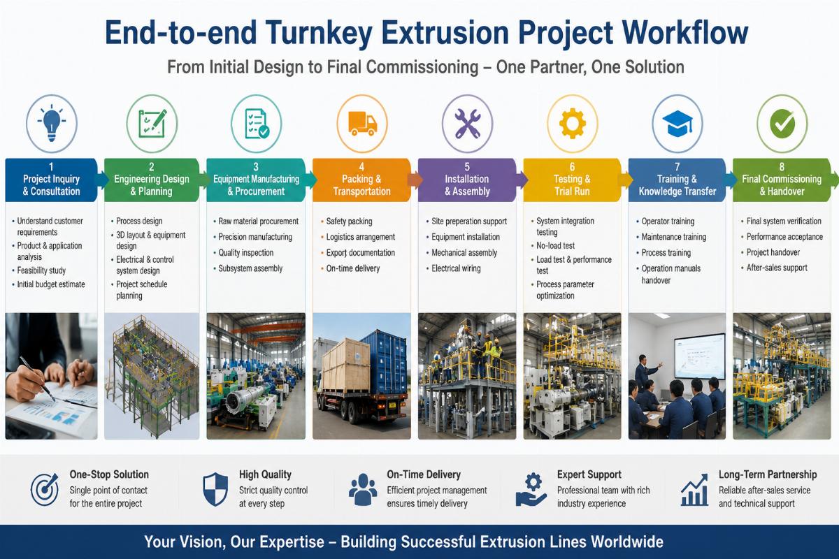 End-to-end turnkey extrusion project workflow from initial design to final commissioning