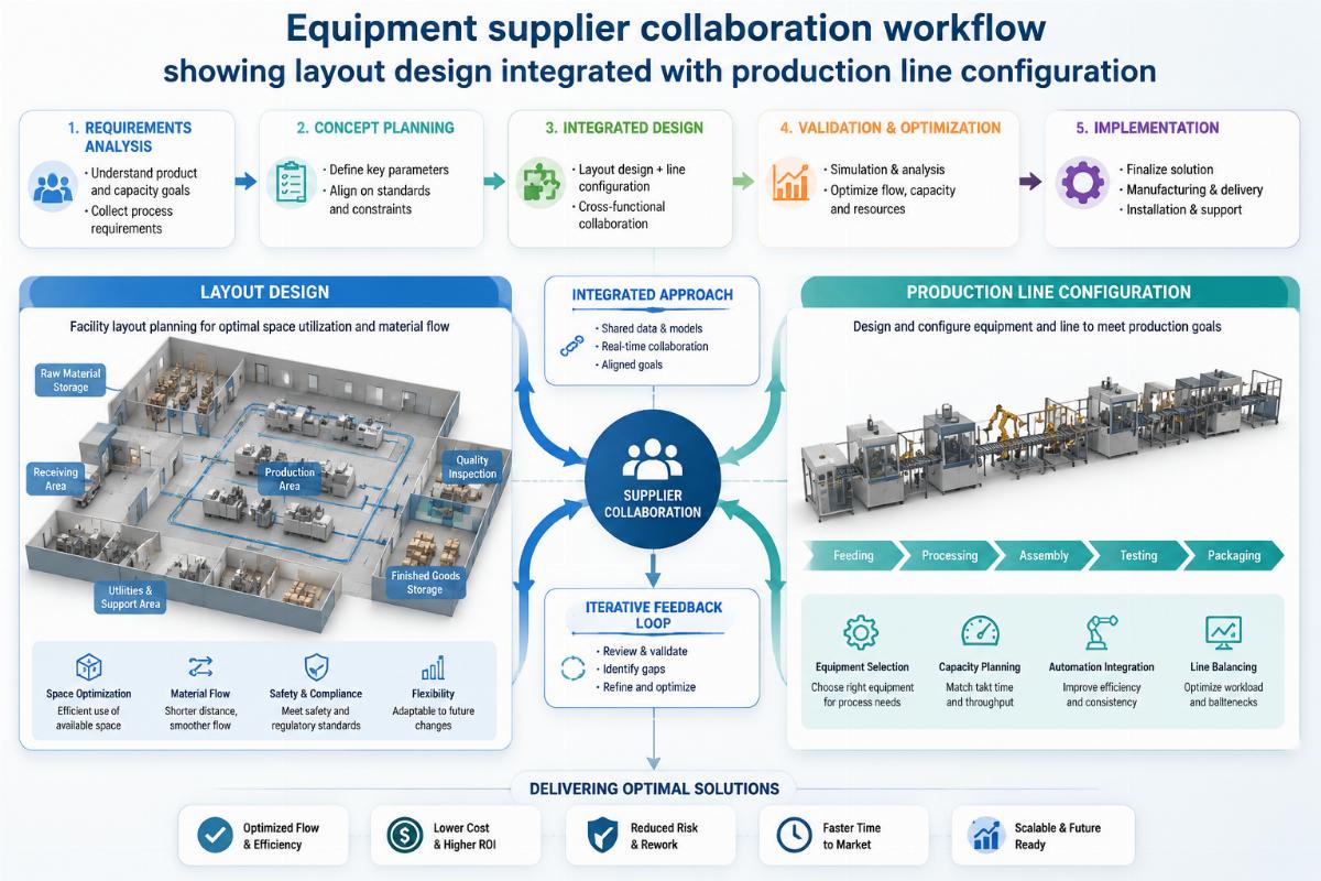 Equipment supplier collaboration workflow showing layout design integrated with production line configuration