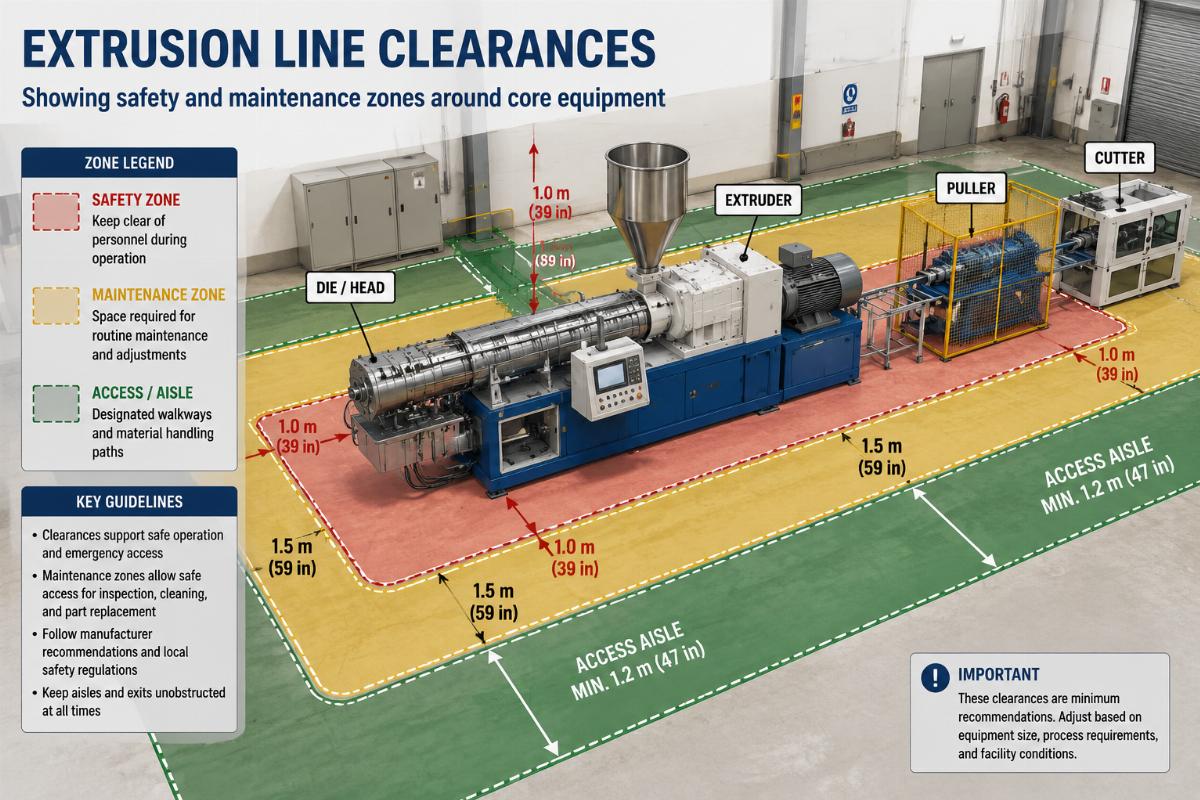Extrusion line clearances showing safety and maintenance zones around core equipment