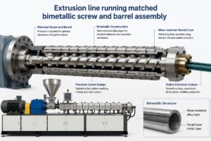 Extrusion line running matched bimetallic screw and barrel assembly