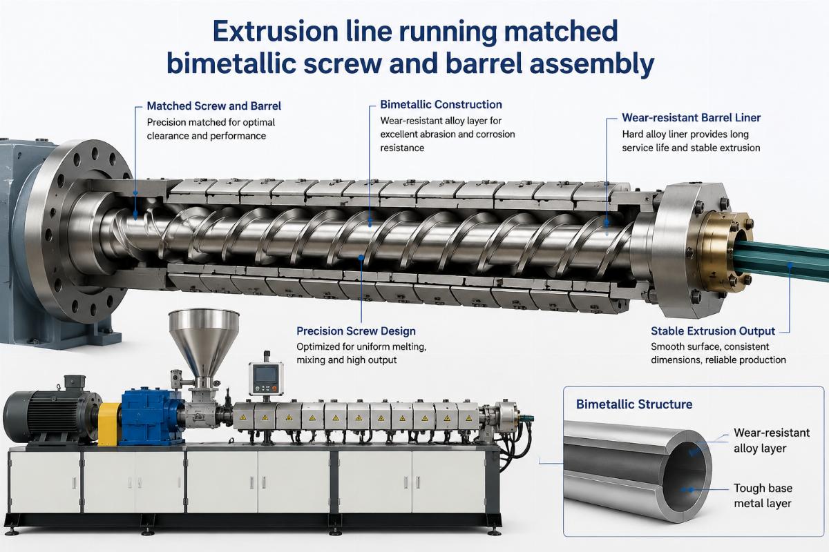 Extrusion line running matched bimetallic screw and barrel assembly