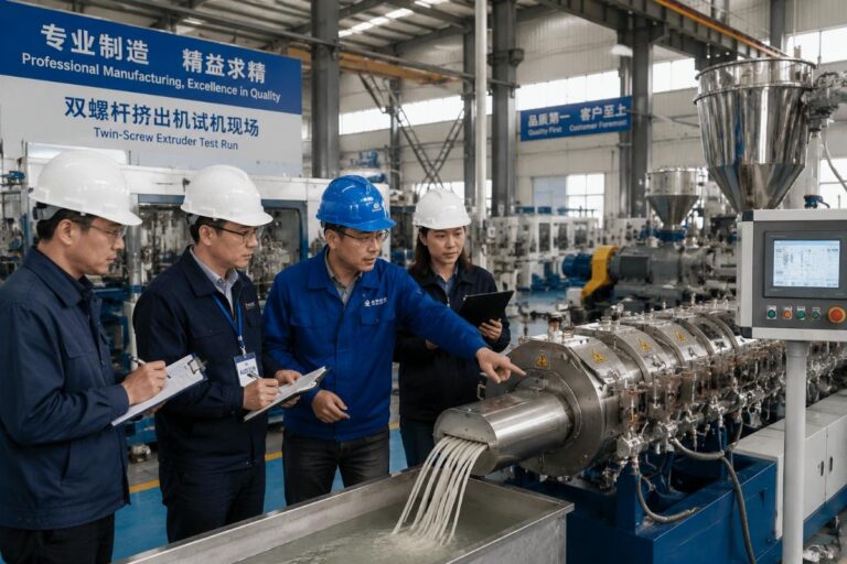 Factory audit team verifying twin-screw extruder test run at a Chinese extrusion machinery production facility